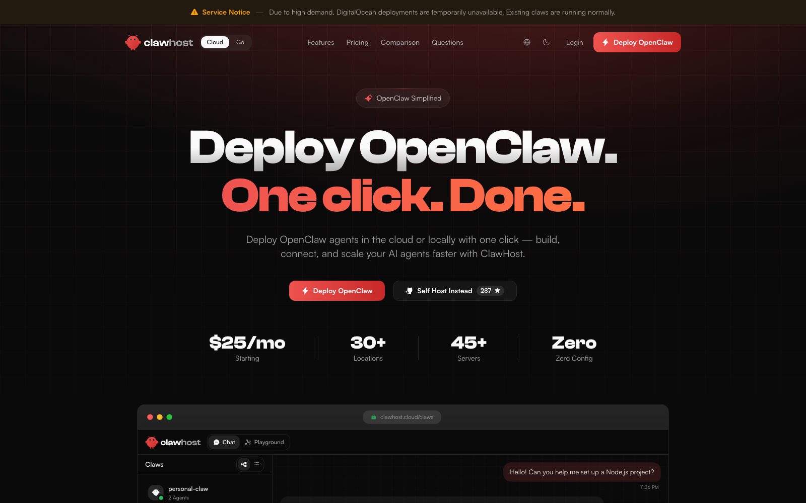 ClawHost Cloud homepage preview