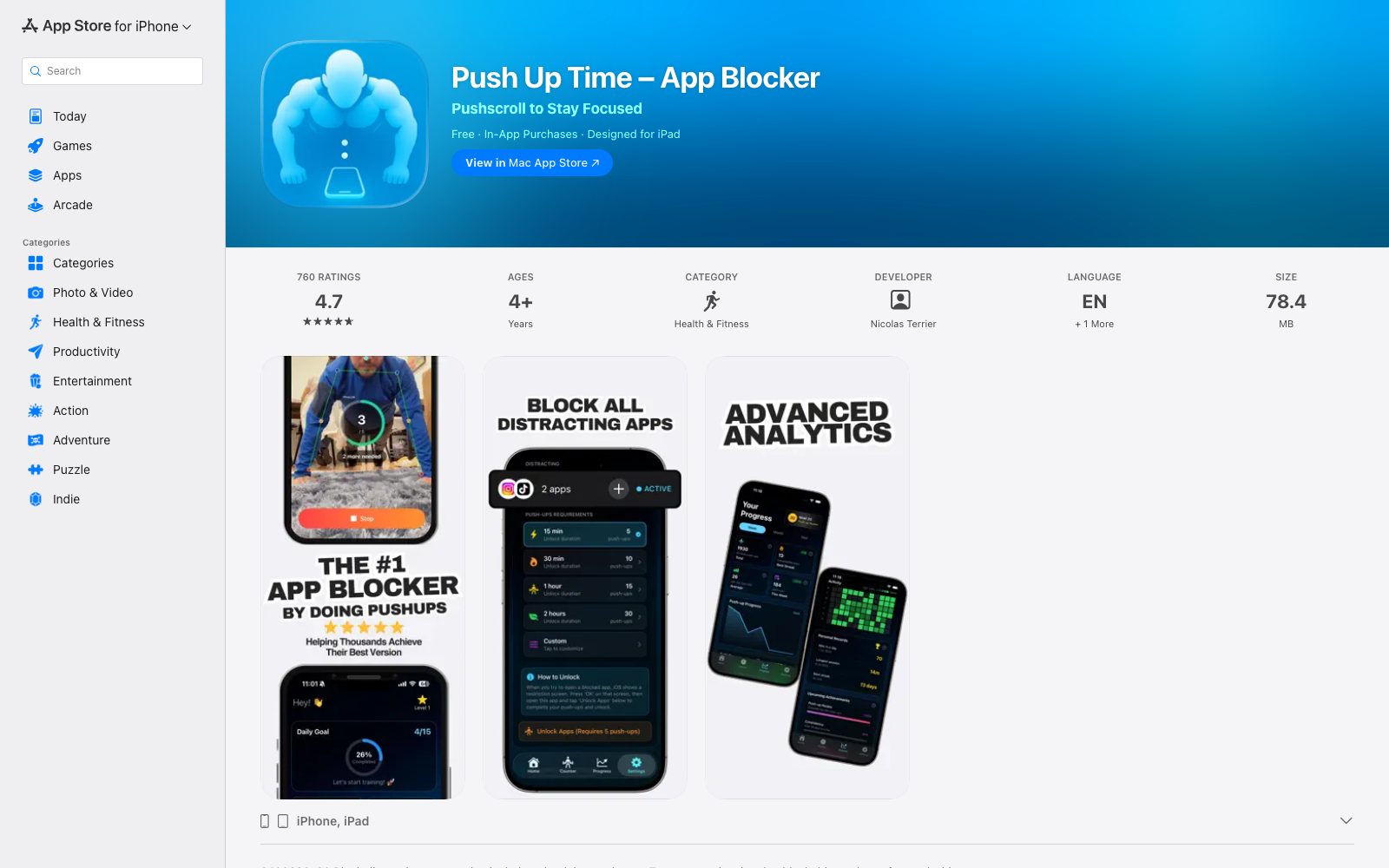 Push Up Time App Blocker homepage preview