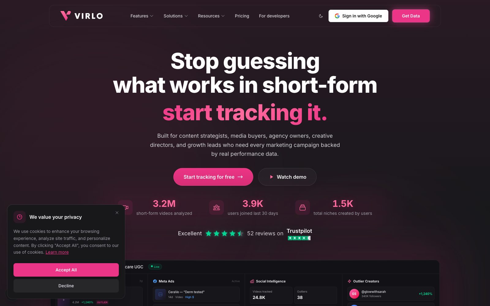 Virlo AI homepage preview